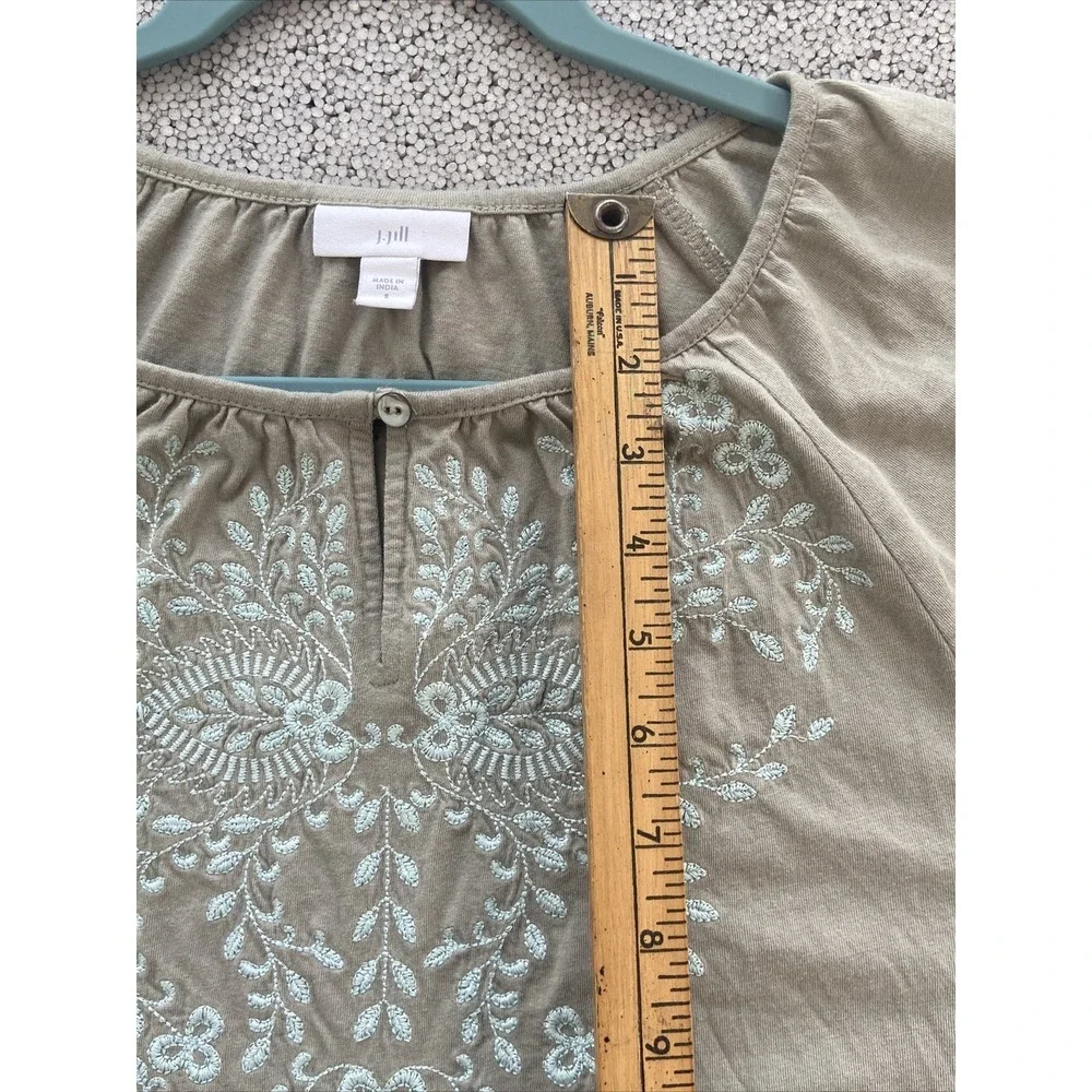J JILL Shirt Embroidered Shirt Women's Small Floral Boho Peasant Slate Sage Blue